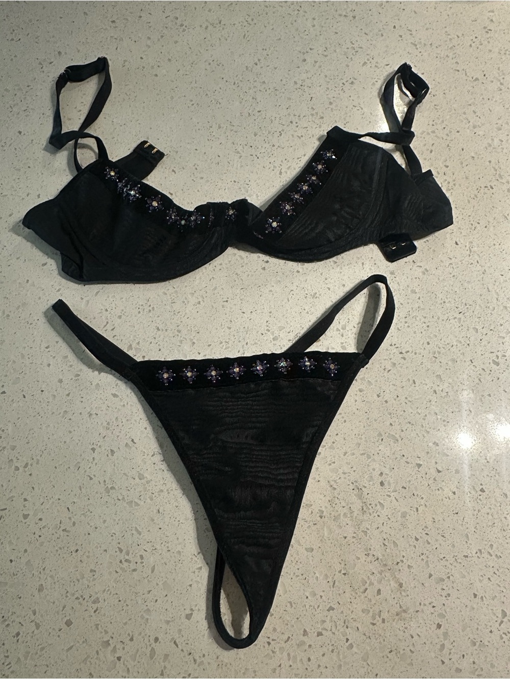 Vintage Victorias Secret Black Embellished Lingerie Thong Beaded Velvet Set M